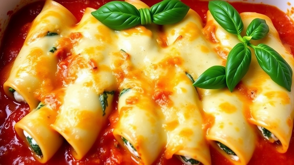 Delicious Spinach Ricotta Cannelloni Recipe Baked Spinach Ricotta Cannelloni topped with mozzarella cheese and garnished with basil.